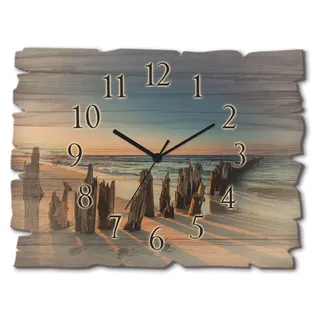 ARTland Holz Wanduhr Funkuhr - schwarzer Zeiger Sonnenuntergang Strand Wellenbrecher Größe: 40x30 cm - Ocker