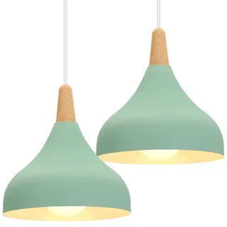 iDEGU Hängelampe Retro E27 Hängeleuchte Moderne Tropfenförmig Hut Deckenleuchte aus Metall Holz Pendelleuchte für Schlafzimmer Esszimmer Küche (Grün, 2 Stücke)