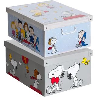 Set aus 2 Aufbewahrungsboxen mit Deckel – Große Kleiderboxen aus Karton 39x50x24 cm – Robust, leicht zu montieren, mit Tragegriffen – Perfekt für Kleiderschrank & Saisonwechsel Snoopy