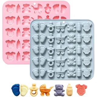 RUUKON Baby-Shower-Schokoladenformen, 2er-Pack Babyfüße Strampler Schnuller Flasche Kinderwagen Bär Formen für Schokolade Gummibärchen Süßigkeiten oder Cakepop Kuchen Cupcake-Dekoration