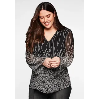 Longbluse SHEEGO BY JOE BROWNS, Damen, Gr. 54, schwarz (schwarz bedruckt), 100% Polyester, bedruckt, geblümt, gemustert, mehrfarbig, V-Ausschnitt, Blusen Longbluse