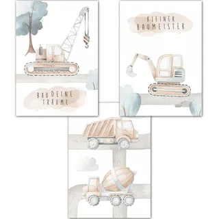 double critical Lemmami Papeterie 3er Set Wandbilder Kinderzimmer Babyzimmer Poster Bilder DIN A4 Jungen Deko Dekoration Bagger Baustelle Baumeister (3er Bilder Set, Pastell, Wanddeko)