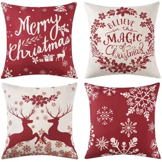 CAROMIO Weihnachten Deko Kissenbezug 4er Set Hirsch Kissenbezüge Wohnzimmer Dekokissen Couch Weihnachtsdeko Leinen Kissenhülle Weihnachtskissenbezug Sofa Kissen Outdoor Couchkissen 45 x 45 cm