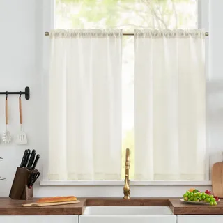 TOPICK Scheibengardinen Küche Weiß Leinen Bistrogardine mit Tunnelzug Küchengardinen für Balkontür Wohnwagen Landhausstil Bauernhaus Gardinen Kurz Halbtransparente 2er Set 65Bx115Hcm
