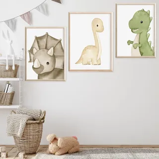 Ueiwffzo 3er Set Poster Kinderzimmer Bilder ohne Rahmen, Frische Cartoon Dinosaurier Wandbilder Wanddeko, Boho Deko Posters für Kinderzimmer Babyzimmer (40 x 50 cm)