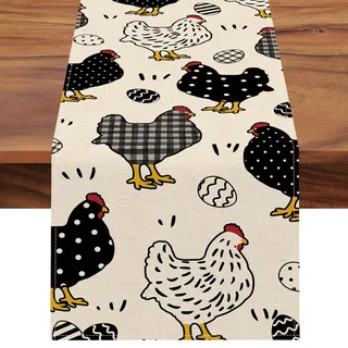 Seliem Tischläufer mit Oster-Huhn, schwarz-weiß, kariert, gepunktet, Bauernhof, Küche, Esstisch, Dekoration, Frühlings-Bauernhaus, Jute, Heimdekoration, Innen- und Außenbereich, Partyzubehör, 33 x 183