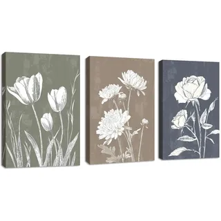 3 Pcs Boho Weiß Blumig Botanisch Bilder Set, Vintage Minimalistisch Blau Grün Lila Blume Wandbilder mit Rahmen Modern bild auf Leinwand Wandkunst Kunstdruck Deko für Wohnzimmer Schlafzimmer 30x40cmx3