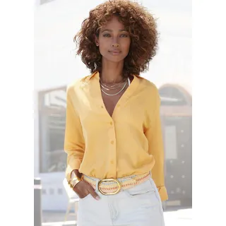 Hemdbluse LASCANA "mit V-Ausschnitt aus weicher Webware mit Leinenanteil", Damen, Gr. 42, orange (mango peach), Web, Obermaterial: 58% Viskose, 28% Baumwolle, 14% Leinen, unifarben, figurumspielend hüftbedeckend, V-Ausschnitt, 2-Knopf-Manschette, Blusen Hemdbluse, Damenbluse mit langen Ärmeln, lockere Leinenbluse, Sommerbluse, Topseller