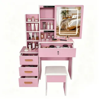 Stilvora Schminktisch in Rosa mit Spiegel, Schubladen und Beleuchtung für Schlafzimmer, B85/H130/T36 cm , Holzwerkstoff , 4 Schubladen , Rechteckig,Rechteckig , Wange , 85x130x36 cm , Schlafzimmer, Schminktische
