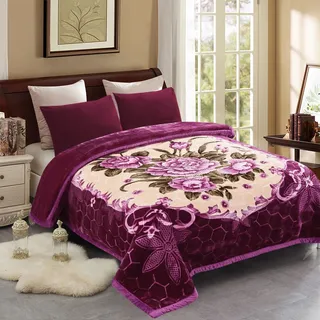 JML Fleece-Plüschdecke, King-Size, seidig weich, warm, koreanischer Stil, 2-lagig A&B Bedruckte Rascheldecke, 4,5 kg, 216 x 236 cm (Lila Blume)
