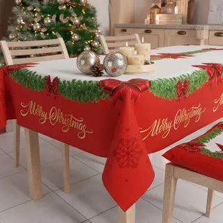 Petti - Weihnachtstischdecke Tischdecke 140 x 360 cm, rechteckig, schmutzabweisend & fleckenabweisend, Pflegeleichte Mikrofaser mit Motiv Rotes Band, ideal für Advent & Weihnachten