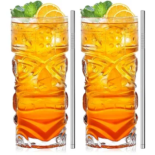 INFTYLE Clear Tiki Gläser Set von 2-14 oz Modern Bar Tiki Cocktail Gläser perfekt für exotische Cocktails, Mai Tai, Hawaiian Style Cocktails, tropische Insel Drinksware Set (Set von 2)