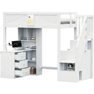 Modfu Hochbett aus Kiefer 90x200 cm Weiß mit Schreibtisch, Schränken, Schubladen und flexibler Leiter , Holz , 90x200 cm , Babymöbel & Kindermöbel, Kinderzimmer & Jugendzimmer, Kinderbetten, Hochbetten