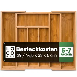 Loco Bird Besteckkasten für Schubladen - 5 bis 7 Fächer - ausziehbarer Bambus Besteckeinsatz für Schubladen - verstellbar Besteck Organizer Küche Holz - Schubladeneinsatz Küche - Cutlery Organizer