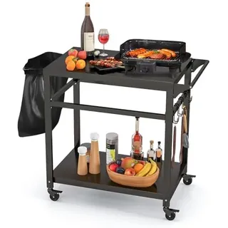 Costway FANTASK Grillwagen Grilltisch Outdoor, Pizzatisch mit 2 Ablagen & 4 Rollen & Haken, Grill Beistelltisch Servierwagen Garten Trolley für den Außenbereich, Schwarz
