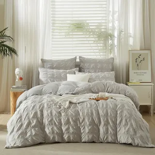 YASMENG Seersucker Bettwäsche 200x200 Sommer Grau Kariert Bettbezug Set Kuschelig Weich Atmungsaktiv Mikrofaser Bettwäsche Modern Bettwäsche 3 Teilig mit Reißverschluss und 2 Kissenbezüge 80x80 cm