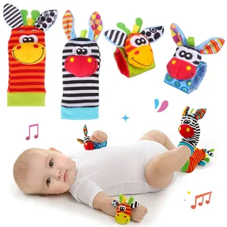 Hmjunboys Baby Rasseln Spielzeug Handgelenk und Socken, Plüschtiere Entwicklungsspielzeug für Neugeborene, Mädchen und Jungen, Babygeschenk Mehrfarbig 2 Hände Rasseln 2 Socken Rasseln