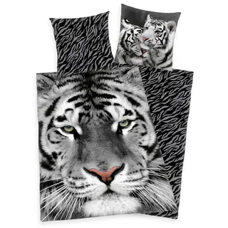 Bettwäsche Set weißer Tiger 135 x 200 cm 80 x 80 cm 100% Baumwolle - Weiß