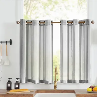 Vangao Voile Scheibengardinen Modern mit Ösen Streifen Transparent Grau Bistrogadine 2er Set 90Bx60Hcm Landhaus Gardinen kurz Gestreift Kurzstores Küchengardinen für Badezimmer Wohnwagen Klein Fenster