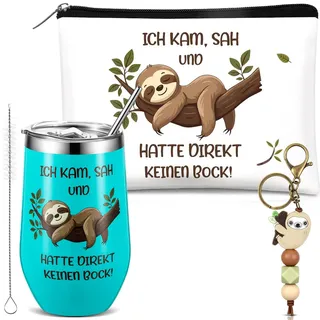 Fiada 3 Stück Faultier Geschenk für Frauen 16 oz Lustig Thermobecher Kaffeebecher Weinglas mit Strohhalm Deckel Kosmetiktasche für Faultierliebhaber Kollegin Chefin Freunde Geburtstag Weihnachten
