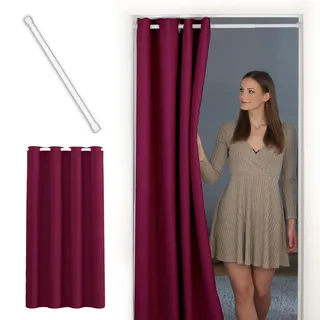 tinycurtains, Thermo Türvorhang mit Teleskopstange, einfache Montage in nur 1 Minute ohne Bohren (Türgardine Bordeaux rot H195 x B150 cm + Stange weiß B70-120 cm)