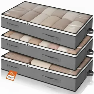 Romon Unterbett Aufbewahrungsbox Unterbettkommode, 3 Stück Bettkasten 75L Faltbare mit Reißverschlüsse Deckel Groß, Unterbettbox Kleideraufbewahrung Organizer für Schuhe Kissen Kleidung Bettdecken