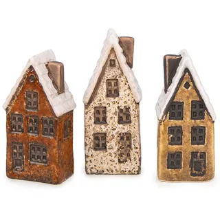 Logbuch-Verlag 3 kleine Häuser aus Keramik Stadthaus Backsteinhaus Miniatur Deko Geschenk-Set Herbst Frühling 10 cm