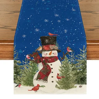 Artoid Mode Blau Schneemann Vögel Bäume Weihnachten Tischläufer, Saisonnal Winter Küche Tisch Dekoration Drinnen Urlaub Party Dekor 40x180 cm