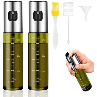 Ölsprüher für Kochen 2 Stuck, Grünes UV-Schutz Glas Öl Sprühflasche, 100% BPA frei Ölsprüher für Speiseöl, Küche Ölsprühflasche für Heißluftfritteuse, Oil Sprayer mit Skala & Trichter, Ölspray