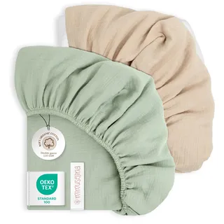 Mimuselina Spannbettlaken 70x140 Baby – 2er-Pack Bettlaken 140x70 aus 100 % weicher, atmungsaktiver Musselin-Baumwolle [Mint + Sand]