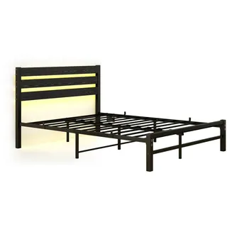 Stilvora Metallbett 140/200 cm in Schwarz mit Led, USB und Holzkopfteil Rahmenbett aus MDF und Metall im Industrial Design , 140x200 cm , Schlafzimmer, Betten, Metallbetten