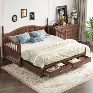 Ball & Cast Ausziehbares Schlafsofa Aus Massivholz 90/180 * 190 cm, mit geschwungener Rückenlehne und Armlehnen, mit Schubladen und Lattenrost, Multifunktionsbett Aus Kiefernholz, Nussbaum