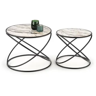 Halmar Runden Beistelltisch (2 Stck) Susanne - weisser Marmor / Schwarz - Schwarz