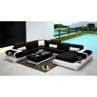 Ledersofa U Form Sofa Wohnlandschaft Beleuchtete Ecksofa Couch Garnitur Polster - Schwarz