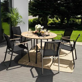 di volio Gartenmöbel AREZO, Set - runder Gartentisch mit 6 Stühlen, Essgruppe für 6 Personen, aus hochwertigen Materialien, bequem & wetterfest - Schwarz, Beige
