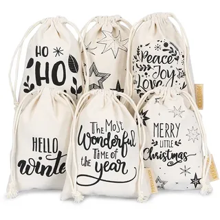 Papierdrachen Geschenkverpackung Weihnachten 2025 - Set 6 Stück - Stoffbeutel beige - bedruckt - Kordelzug - wiederverwendbar - zum Befüllen - 13x18cm