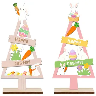 Osterhase Holz Figur, 2er Set Osterdeko Aufsteller aus Holz zum Hinstellen, Ostern Deko Hase für Tisch Wohnzimmer Garten, Osterhasen Deko Frühling