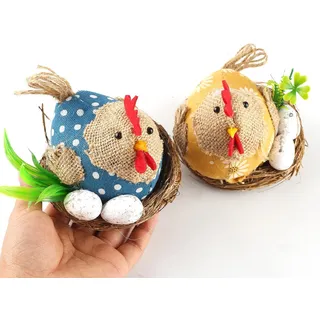 HERZWILD 2pcs Osterndeko Hahn Henne mit Eier und Hühnernest Huhn Nest Statue für Garten Desktop DIY Dekoration(C-2pcs)
