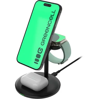 Green Cell 3-in-1 MagSafe Ladegerät für iPhone 16/15/14/13, Apple Watch, AirPods, Induktive Ladestation, Schnellladung bis zu 15W, Schwarz
