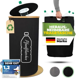 COTTARA® Pfandflaschen Sammelbehälter mit Bambusrahmen - extra stabil 80 L | Flaschensammler Leergut Behälter mit Tragetasche - Praktischer Pfandbehälter, Pfandsammler Pfandflaschen Aufbewahrung schwarz