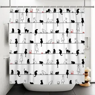Bovlleetd Cartoon-Katze Duschvorhang 180x180cm Einfacher Lustige Schwarze und weiße Katze auf dem Seil Duschvorhang Wasserdicht, Waschbar Polyester Badevorhänge mit 12 Haken für Badezimmer, Badewanne