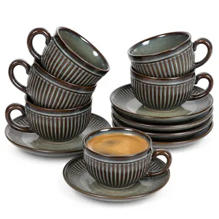 Erkundpresso. Espresso Tassen Set mit Untertassen (6 x100ml) - Espressotassen 6er-Set Steingut -Kaffeetassen Dickwandig mit Henkel- Handgefertigte Barista Kaffeetassen - Bronzefarben