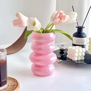 BLOFLO Hydrokultur-Blumenvase aus farbigem Glas, 17,8 cm, rosa Glasvase, vierschichtige, geometrische Heimdekoration, Moderne Blasen-Glasvase für Zuhause, Büro, Hochzeitstisch