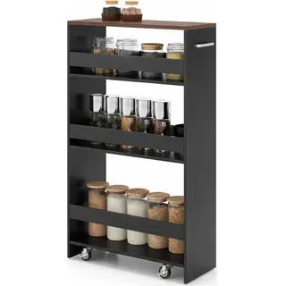 COSTWAY Nischenwagen 25cm breit, 4 Etagen Küchenwagen schmal, Nischenregal auf Rollen, Servierwagen mit Griff & Geländern, Badregal Holz - Schwarz, Braun