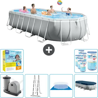Intex Oval Prism Frame Swimmingpool – 610 x 305 x 122 cm – Grau – inklusive Pumpe – Leiter – Bodenplane – Abdeckung Wartungspaket - Filter