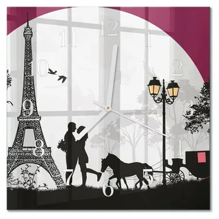 Tulup Glasuhr Wanduhr Küchenuhr Echt-Glas 30x30 cm Modern Dekorativ Geräuschlos Weiße Zeiger - Liebe zu Paris - Schwarz