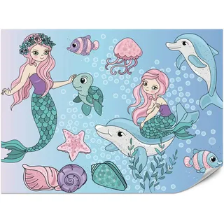 Muralo Fototapete für Kinderzimmer Meerjungfrauen Delfine Fische Muscheln Qualle Schildkröte 400x280 , Multicolor , Papier , Märchen/ Fantasie , Rechteckig , 400x280 cm , Tapeten & Wandverkleidungen, Fototapeten