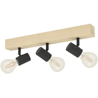 EGLO Deckenlampe Townshend 3, 3 flammiger Vintage Deckenspot im Industrial Design, Retro Lampe aus Stahl und Holz, schwarz, braun, E27 Fassung, FSC zertifiziert