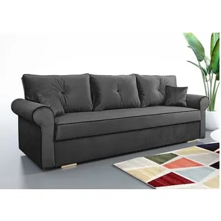 Schlafsofa TOP, Sofa mit Schlaffunktion und Bettkasten, Klappsofa, Schlafcouch mit schwarzen Knöpfen, Couch in Frabe: Dunkelgrau, Couchgarnitur: Velourstoff - Dunkelgrau
