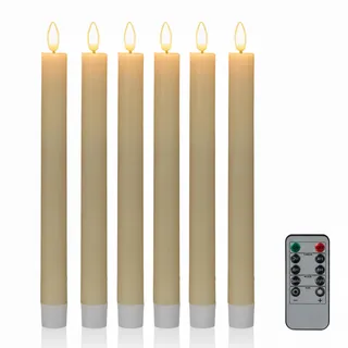 Relaxdays LED Stabkerzen, 6er Set, mit Fernbedienung, Timer & flackernder Flamme, Echtwachs, flammenlose Kerzen, Creme